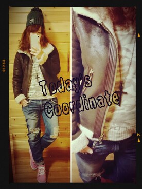 「アイテム（ミリタリージャケット、ブラウン系）」を使った、cocoaさん（レディース・156cm）の冬コーディネート