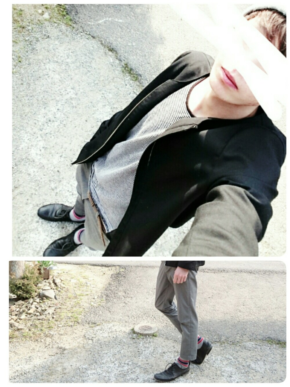 ブラック系のブルゾン、グレー系のスラックスを着用したメンズの春コーディネートの1枚目の写真