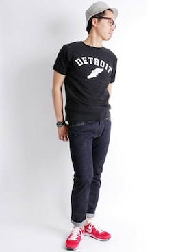 「アイテム（Tシャツ/カットソー、ブラック系）」を使った、DenimeWebStoreさん（メンズ・176cm）の夏コーディネート