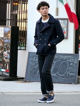 「Denime（ドゥニーム）のアイテム（ピーコート）」を使った、DenimeWebStoreさん（メンズ・173cm）の秋コーディネート