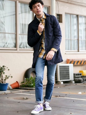「Denime（ドゥニーム）のアイテム（ステンカラーコート）」を使った、DenimeWebStoreさん（メンズ・173cm）の冬コーディネート
