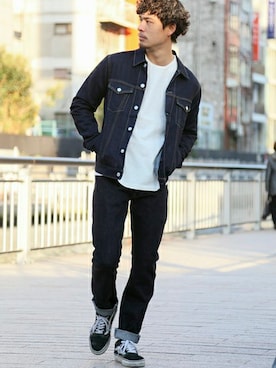 「インディゴデニム」｜DenimeWebStoreさん（メンズ・173cm）の冬コーディネート