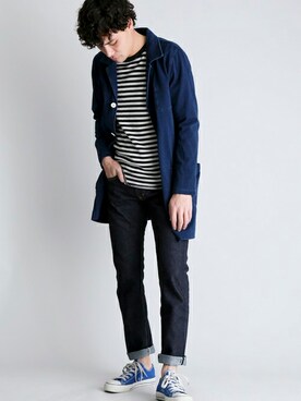 「Denime（ドゥニーム）のアイテム（ステンカラーコート）」を使った、DenimeWebStoreさん（メンズ・173cm）の冬コーディネート