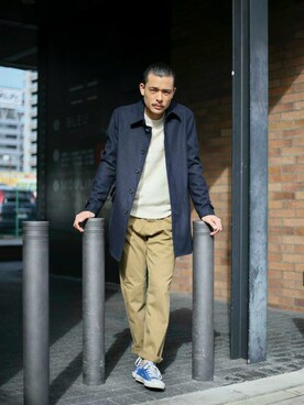 「Denime（ドゥニーム）のアイテム（ステンカラーコート）」を使った、DenimeWebStoreさん（メンズ・173cm）の秋コーディネート