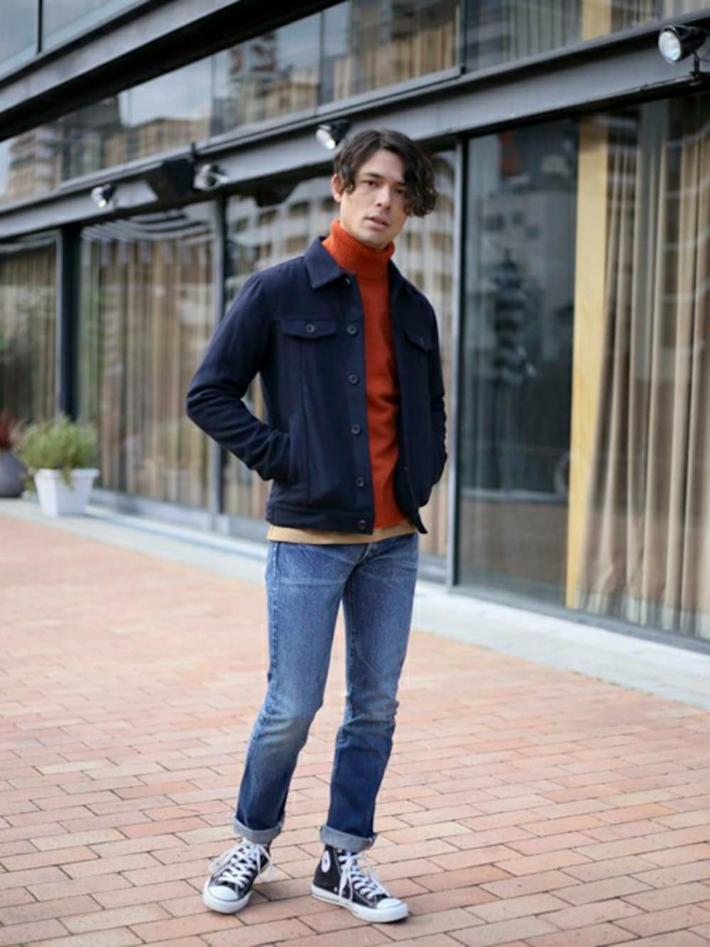 「ニット、デニム、シンプル、Denime、ジーンズ、アメカジ、denim、レイヤードスタイル、タートルネック、Gジャン」｜「DenimeのメルトンG-ジャン（ブルゾン、ブルー系）」を使った、DenimeWebStoreさん（メンズ・173cm）の冬コーディネートの1枚目の写真