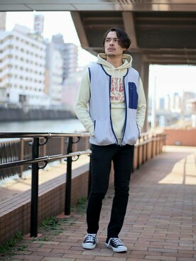 「FRUIT OF THE LOOM（フルーツオブザルーム）のアイテム（パーカー）」を使った、DenimeWebStoreさん（メンズ・173cm）の春コーディネート