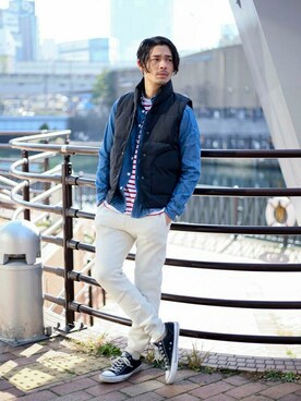 「スエット」｜「アイテム（ダウンベスト）」を使った、DenimeWebStoreさん（メンズ・173cm）の冬コーディネート