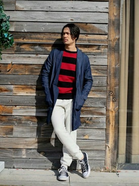 「Denime（ドゥニーム）のアイテム（ステンカラーコート）」を使った、DenimeWebStoreさん（メンズ・173cm）の冬コーディネート