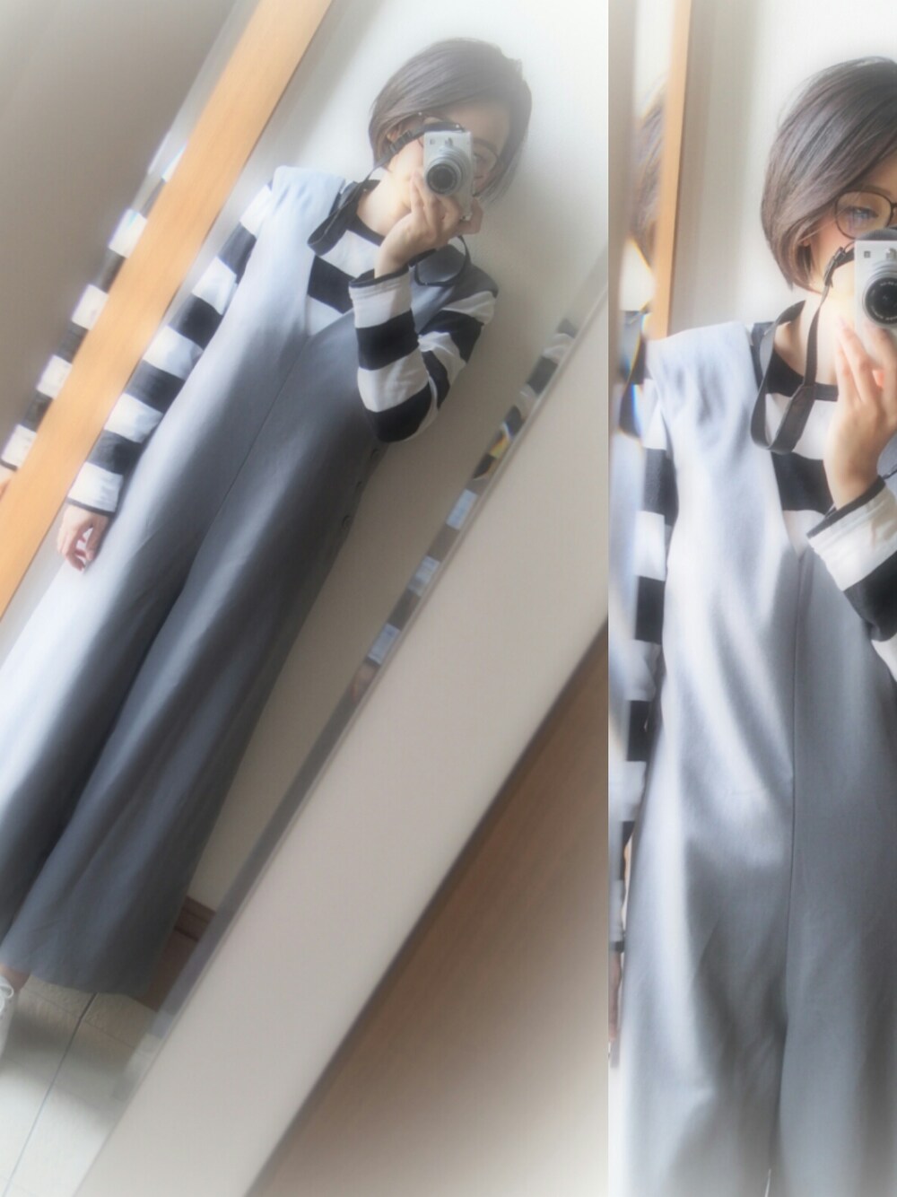 グレー系のサロペット/オーバーオール、ホワイト系のTシャツ/カットソー、ホワイト系のスニーカーを着用したレディースの春コーディネートの1枚目の写真