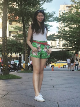 「GIORDANO（ジョルダーノ）のアイテム（ベルト、レッド系）」を使った、Océane さん（レディース・165cm）の夏コーディネート