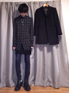 「UNIQLO（ユニクロ）のアイテム（チェスターコート、ブラック系）」を使った、nさん（メンズ）の冬コーディネート