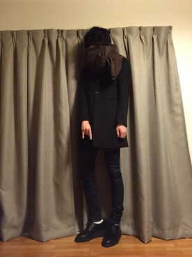 「UNIQLO（ユニクロ）のアイテム（チェスターコート、ブラック系）」を使った、nさん（メンズ）の冬コーディネート