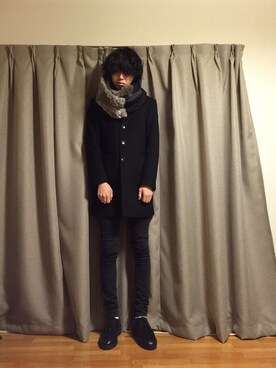 「UNIQLO（ユニクロ）のアイテム（チェスターコート、ブラック系）」を使った、nさん（メンズ）の冬コーディネート