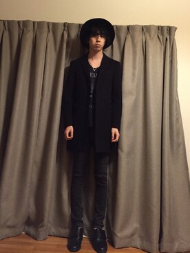 「UNIQLO（ユニクロ）のアイテム（チェスターコート、ブラック系）」を使った、nさん（メンズ）の秋コーディネート