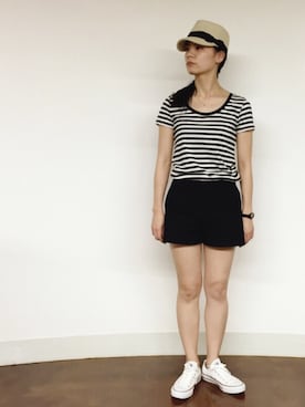 「GU（ジーユー）のアイテム（キャップ）」を使った、興津 真菜さん（レディース・158cm）の夏コーディネート