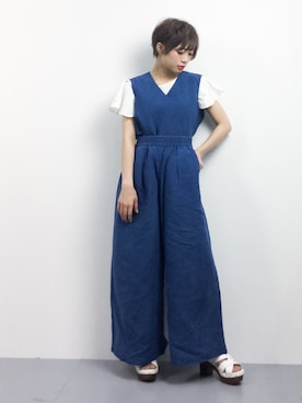 「KBF（ケイビーエフ）のアイテム（つなぎ/オールインワン）」を使った、おりこさん（レディース・155cm）の夏コーディネート