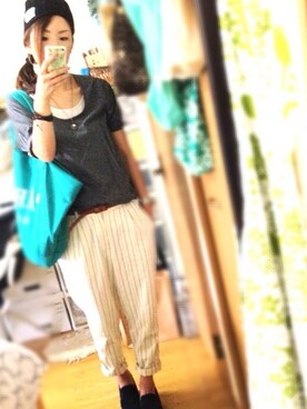 「リラックスパンツ」｜「アイテム（ニットキャップ/ビーニー）」を使った、u-koさん（レディース・164cm）の春コーディネート