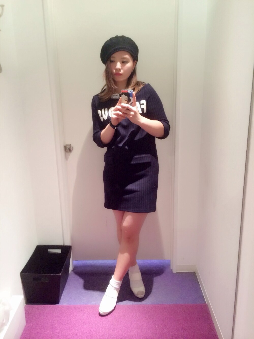 「ストライプ、タイト、ベレー、スポーツ、ロゴ」｜「Dolly&MollyのDolly&Molly ストライプロゴタイトワンピース（ワンピース、ブルー系）」を使った、y u k o .さん（レディース・163cm）の春コーディネートの1枚目の写真