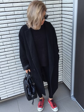 「EMODA（エモダ）のモッサマキシコート（チェスターコート、ブラック系）」を使った、12anna23さん（レディース・158cm）の冬コーディネート