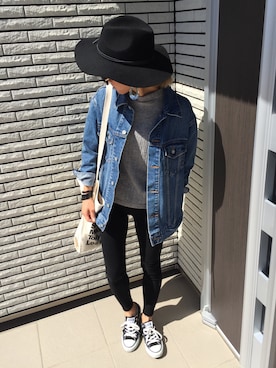 「MOUSSY（マウジー）の2WAY LEATHER BELT HAT（ハット、ブラック系）」を使った、12anna23さん（レディース・158cm）の春コーディネート
