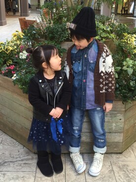 「UNIQLO（ユニクロ）のアイテム（ライダースジャケット）」を使った、yuno*tsuさん（キッズ・100cm）の冬コーディネート