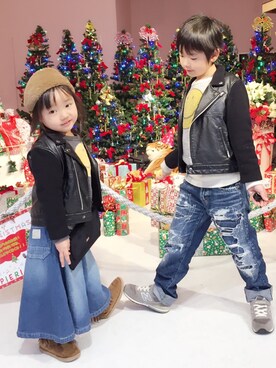 「UNIQLO（ユニクロ）のアイテム（ライダースジャケット）」を使った、yuno*tsuさん（キッズ・100cm）の冬コーディネート
