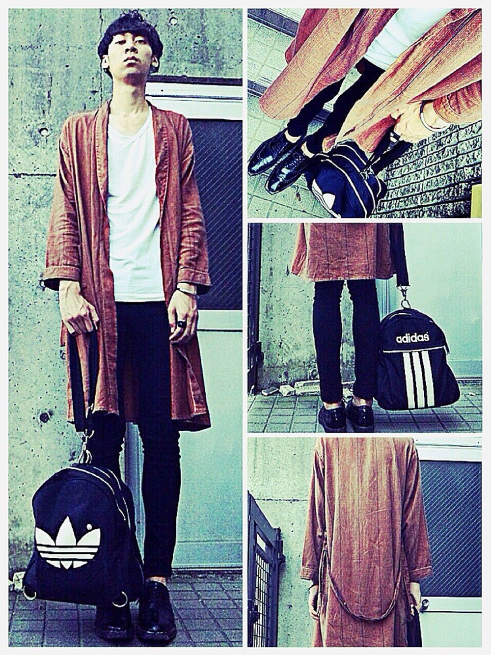「adidas、JOHN LAWRENCE SULLIVAN、アディダス、古着MIX、ボックスロゴ、白Tシャツ」｜「60'sガウン（その他アウター、オレンジ系）」を使った、・にょっちさん（メンズ・187cm）の春コーディネートの1枚目の写真