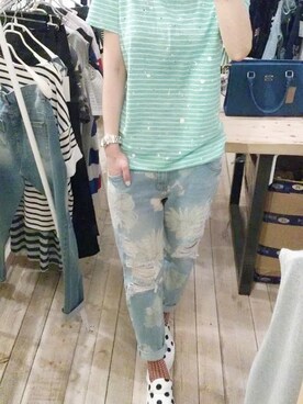 「Pop upのアイテム（Tシャツ/カットソー、グリーン系）」を使った、⭐⭐⭐sunny⭐⭐⭐さん（レディース・160cm）の夏コーディネート
