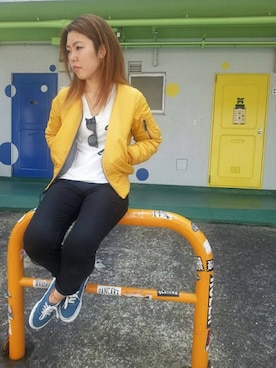 「マスタード」｜「アイテム（MA-1）」を使った、Chihiroさん（レディース・158cm）の夏コーディネート