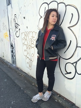「赤ニット」｜「アイテム（スタジャン）」を使った、Chihiroさん（レディース・158cm）の冬コーディネート