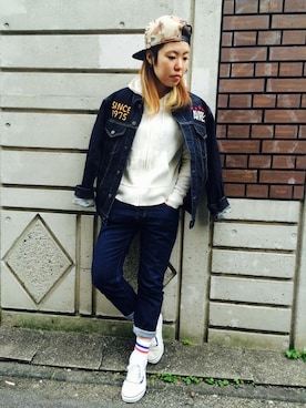 「TYPE BLUE（タイプブルー）のアイテム（デニムジャケット）」を使った、Chihiroさん（レディース・158cm）の春コーディネート