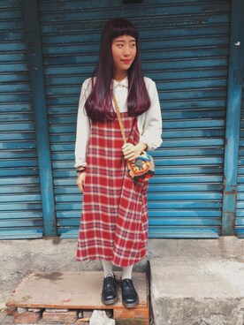 「アイテム（つなぎ/オールインワン、レッド系）」を使った、🐟Ariel💦さん（レディース・155cm）の冬コーディネート