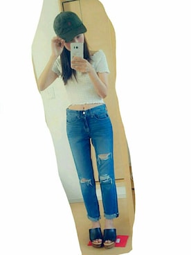 「ADAM ET ROPE'（アダムエロペ）の【新色追加！】プラットフォームミュールサンダル（サンダル、ブラック系）」を使った、mさん（レディース・157cm）の夏コーディネート