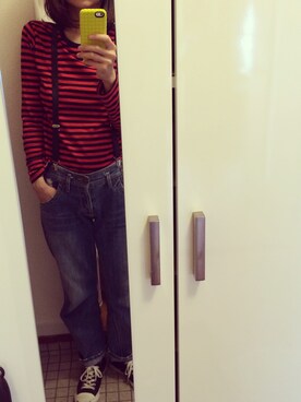 「BEAMS BOY（ビームスボーイ）のアイテム（Tシャツ/カットソー、レッド系）」を使った、もっこsonさん（キッズ・80cm）の秋コーディネート