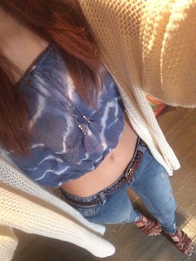 「アイテム（チューブトップ、ブルー系）」を使った、makotoさん（レディース・165cm）の秋コーディネート