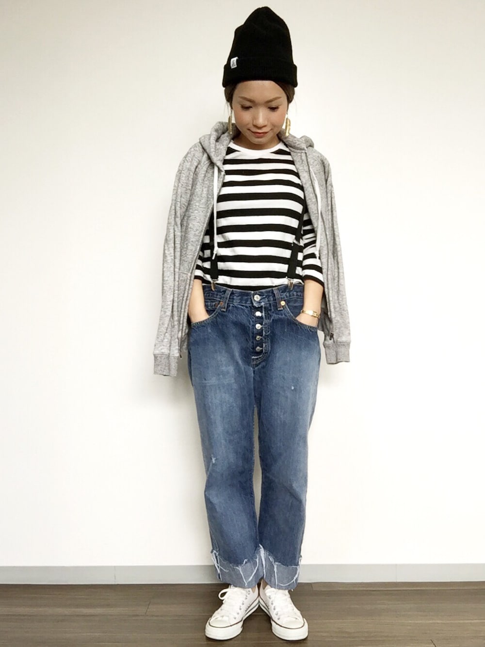 「WEAR愛知会、シンプル、服バカ、チビーズ✳︎、デニム、パーカー、ボーダー、ユニクロ、ニット帽、カジュアル」｜「BEAUTY&YOUTH UNITED ARROWSの＜steven alan＞ Souvenir Beanie/ﾆｯﾄｷｬｯﾌﾟ（ニットキャップ/ビーニー、ブラック系）」を使った、kanaさん（レディース・154cm）の秋コーディネートの1枚目の写真
