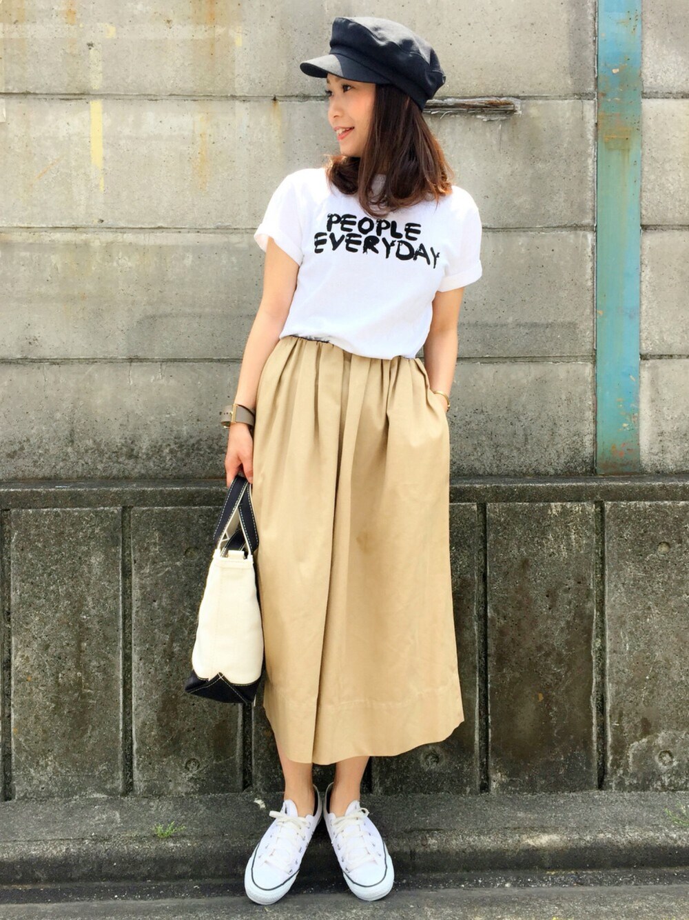 「マリンキャップ、シンプルコーデ、オトナカジュアル、夏コーデ、チビーズ✳︎、服バカ、コンバース、ワイドパンツ」｜「ちなつちゃんハピバー🎂🎉❤️のアイテム（ラッピングキット、その他）」を使った、kanaさん（レディース・154cm）の夏コーディネートの1枚目の写真