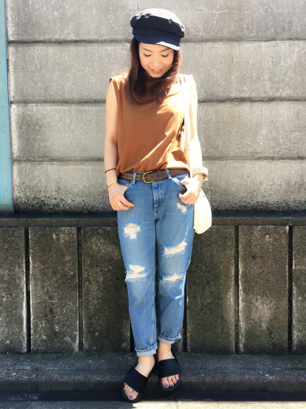 「GU、マリンキャップ、アディレッタ、アディダス、デニム、大人カジュアル、outfit、チビーズ✳︎、服バカ、WEAR東海」｜「🐄🍖🚴🏻のアイテム（その他、その他）」を使った、kanaさん（レディース・154cm）の夏コーディネートの1枚目の写真