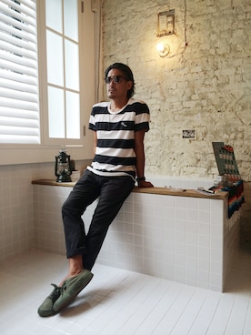 「BRIXTON（ブリクストン）のアイテム（パンツ）」を使った、UpstairsGenuineShopさん（メンズ・170cm）の夏コーディネート