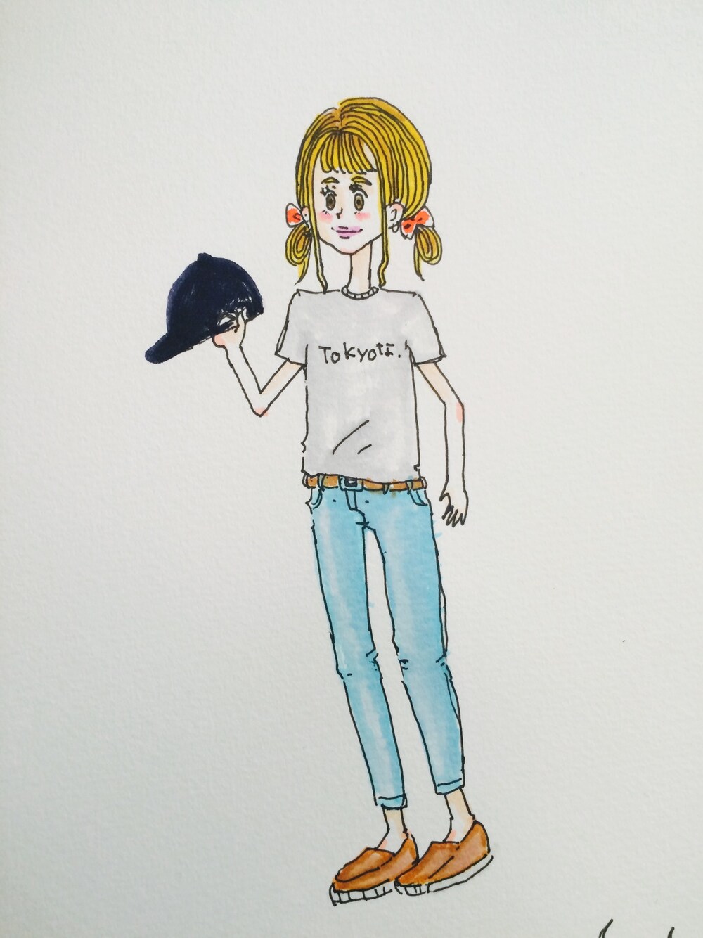 「イラスト、ファッションイラスト」｜「なしのアイテム（デニムパンツ、ブルー系）」を使った、なまらつなさん（レディース・155cm）の夏コーディネートの1枚目の写真