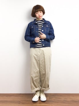 「RAY CASSIN（レイカズン）のアイテム（デニムジャケット）」を使った、チョコビさん（レディース・154cm）の春コーディネート