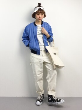 「ブルー x ホワイト」｜「アイテム（ブルゾン）」を使った、チョコビさん（レディース・154cm）の春コーディネート