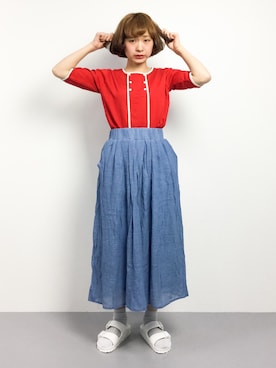 Tシャツ カットソーを使った 赤 水色 のレディース人気ファッションコーディネート Wear