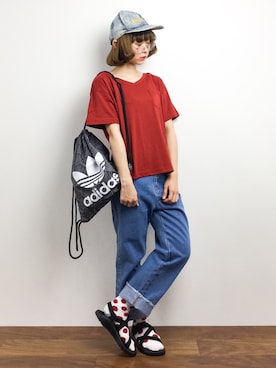 「赤Tシャツ」｜チョコビさん（レディース・154cm）の夏コーディネート