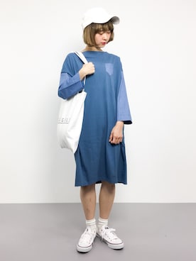 「白キャップ」｜「アイテム（ワンピース/ドレス）」を使った、チョコビさん（レディース・154cm）の夏コーディネート
