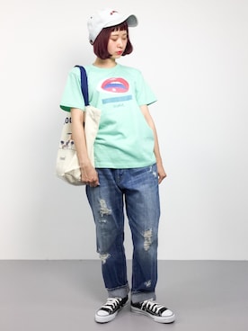 「SURF'S UP PEANUTS（サーフズアップピーナッツ）のアイテム」を使った、チョコビさん（レディース・154cm）の夏コーディネート