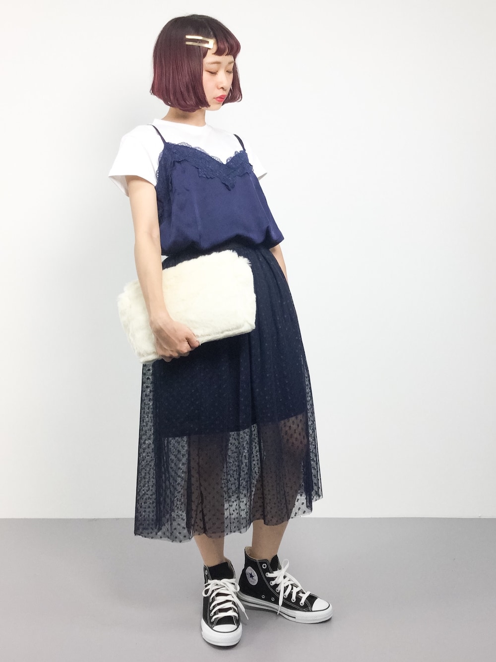 「夏、チュールスカート、ハイカットスニーカー、レースキャミソール、ネイビーコーデ、夏コーデ、低身長、ボブ、Japan、キャミワンピ」｜「Deuxieme Classeの追加 CAP SLEEVE Tシャツ◆（Tシャツ/カットソー、ホワイト系）」を使った、チョコビさん（レディース・154cm）の夏コーディネートの1枚目の写真