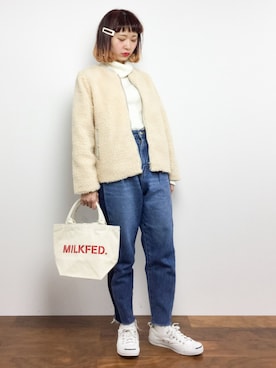 「切りっぱなしデニム」｜「アイテム（ブルゾン）」を使った、チョコビさん（レディース・154cm）の秋コーディネート