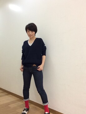 「UNIQLO（ユニクロ）のアイテム（Knitwear、ブルー系）」を使った、てらりんさん（レディース・155cm）の秋コーディネート