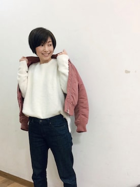 「UNIQLO（ユニクロ）のアイテム（Blouson、ピンク系）」を使った、てらりんさん（レディース・155cm）の冬コーディネート